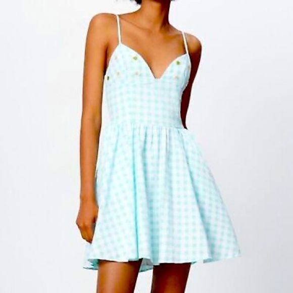 Zara Turquoise Gingham V Neck Summer Fantasy Dress Size Large - Picture 1 of 13